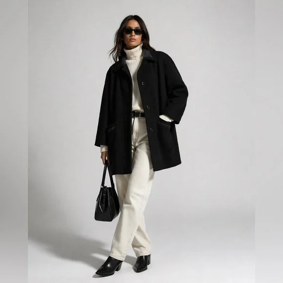 VINTAGE - Black Wool Coat with Shearling Collar | Minimalist Oversized Jacket - Picture 1 of 13